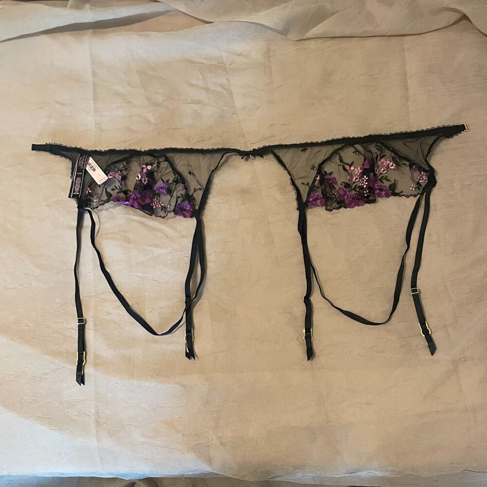 Victoria's Secret Embroidered Black Garter Belt with Purple & Pink Accents - Picture 8 of 10